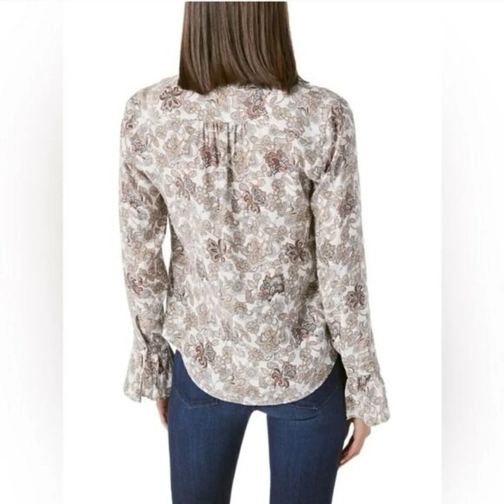 FRAME Silk 70s Ruffle Silk Top Off White Multi Paisley Size Small - Picture 2 of 8